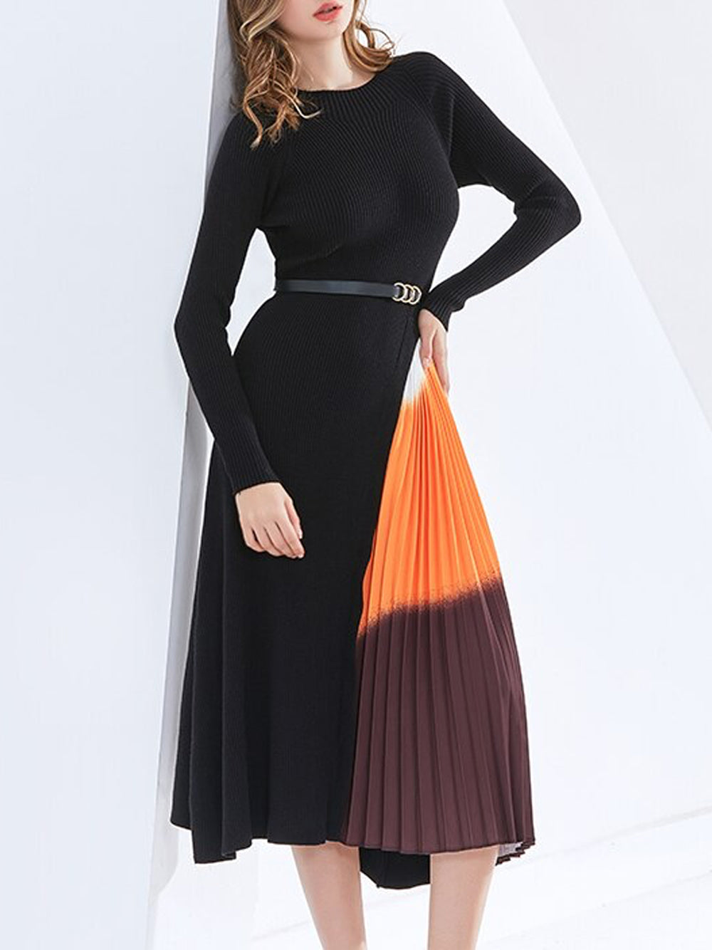 Ribbed-Knit Round-Neck Belted Pleated-Panel Maxi Dress 11