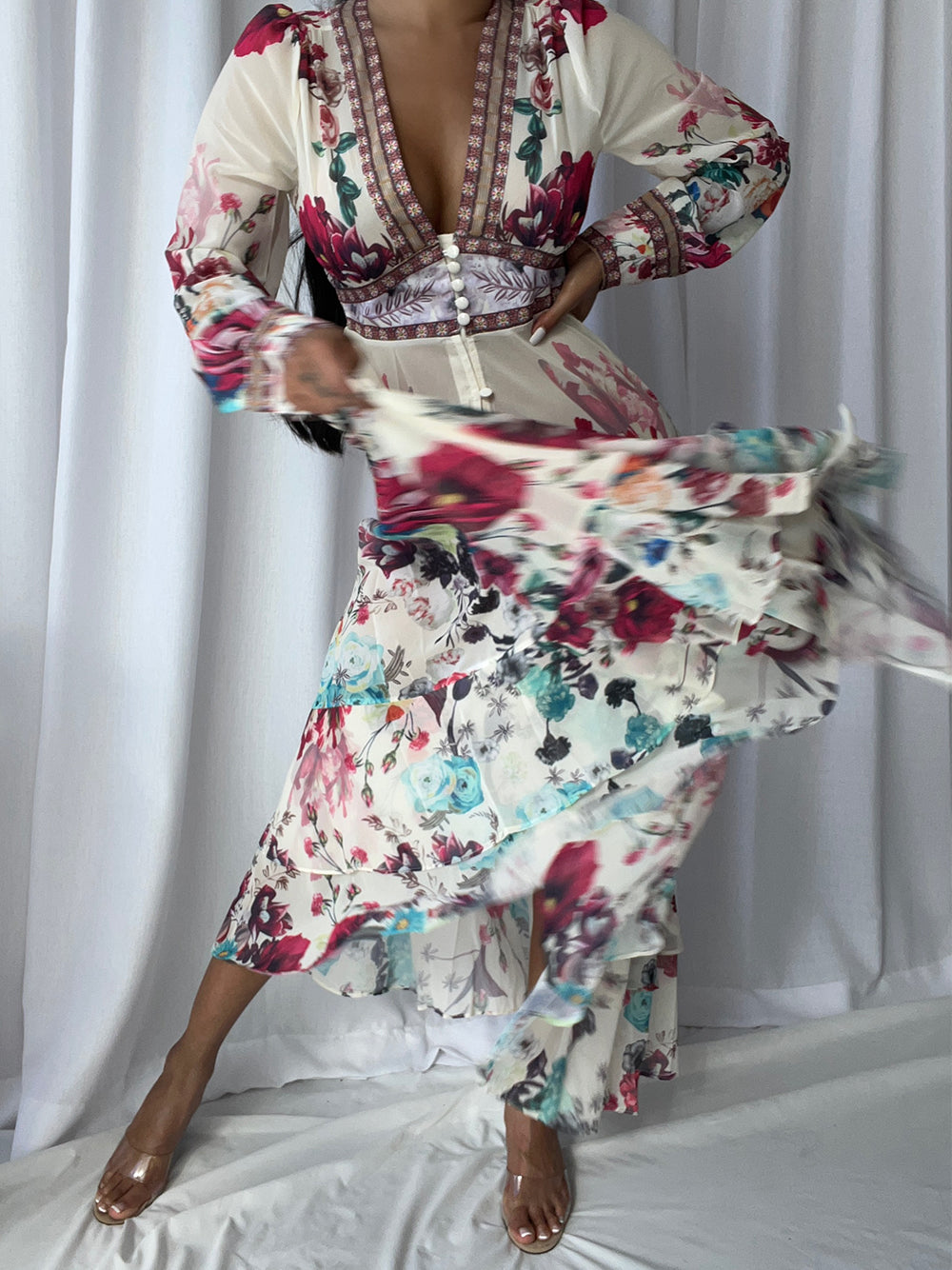 Floral Deep-V Bishop-Sleeve Button-Front Tiered Maxi Dress 3