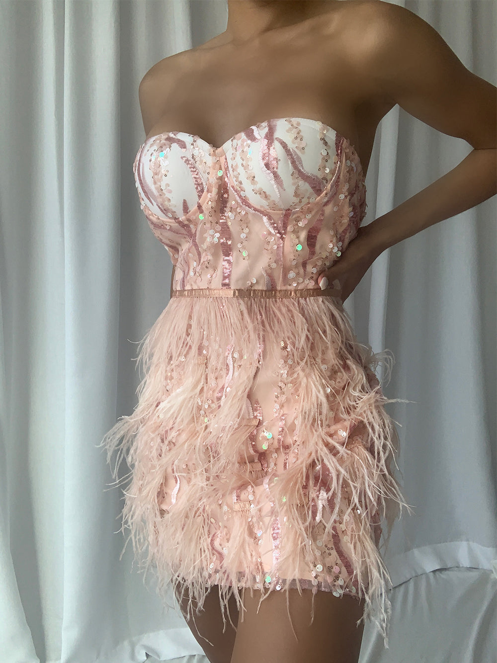 Sequin Strapless Sweetheart Bustier Feather Mini Dress
