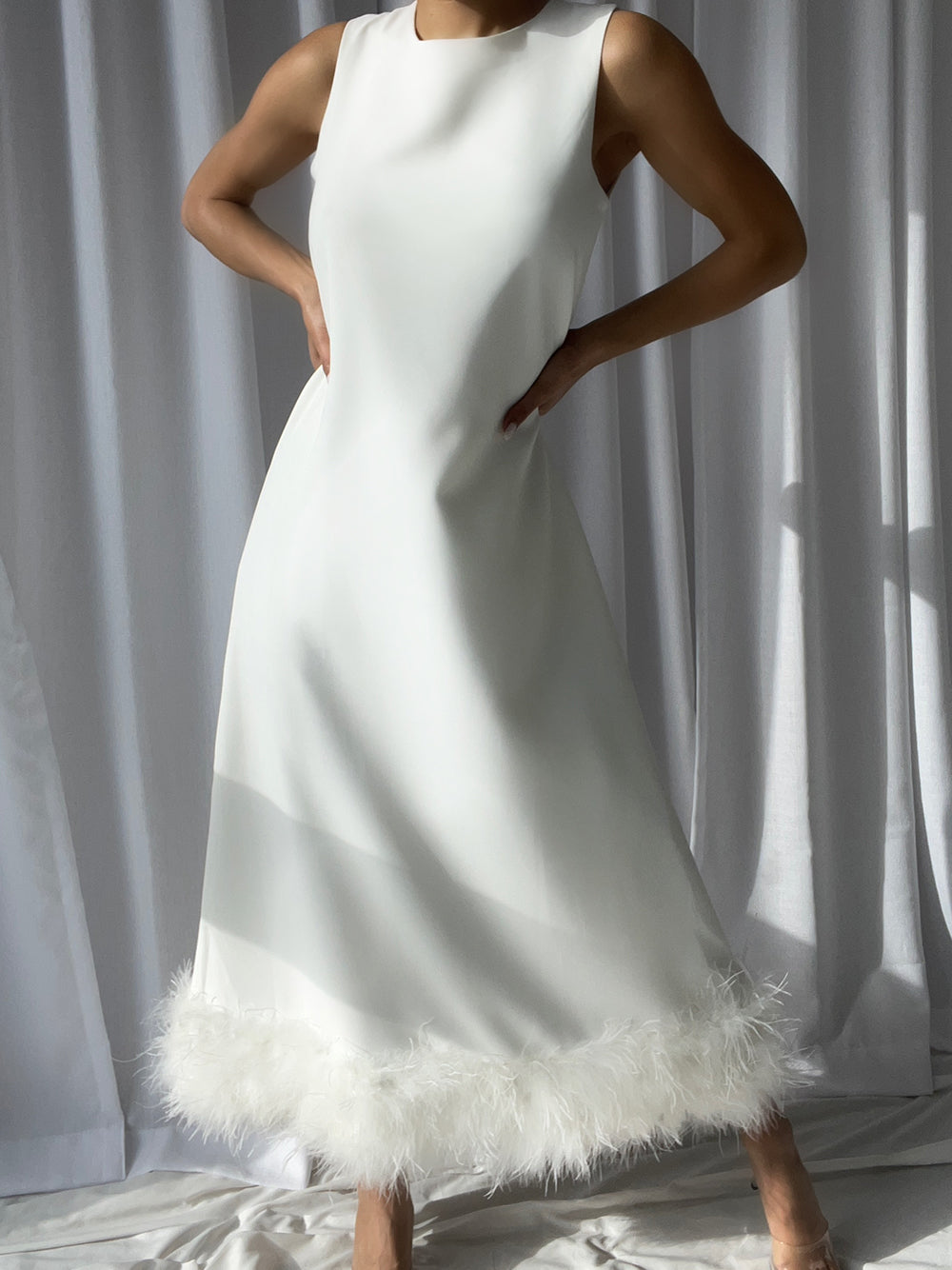 Sleeveless Crew Neck Feather Trim Midi Dress