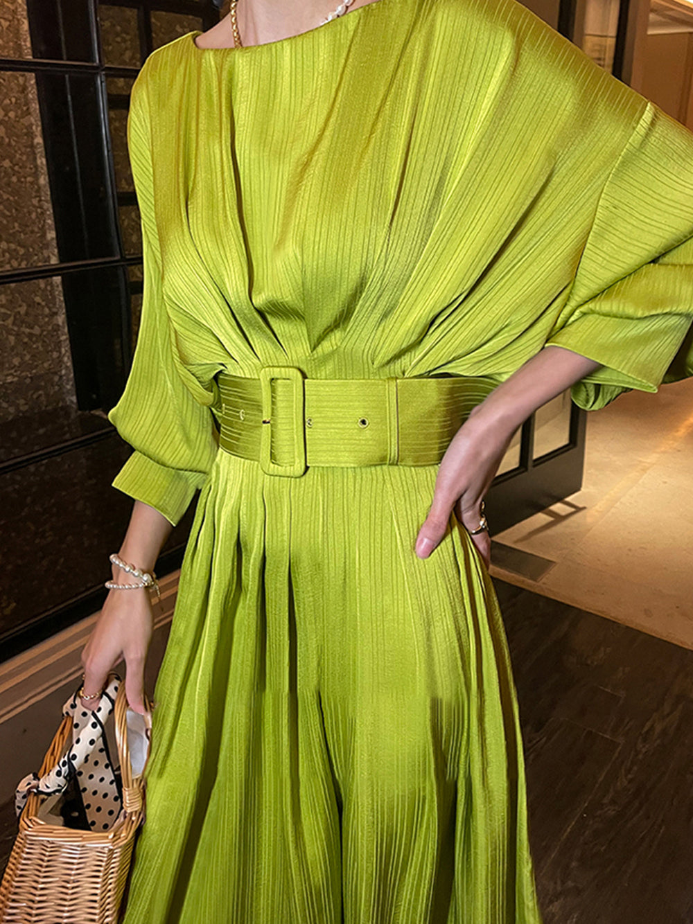 Boat Neck Long Sleeve Pleated A-Line Midi Dress 8