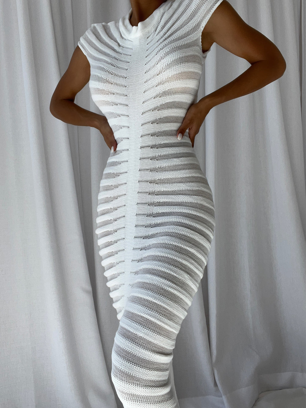Knit Ribbed Semi Sheer Horizontal Stripe Bodycon Midi Dress