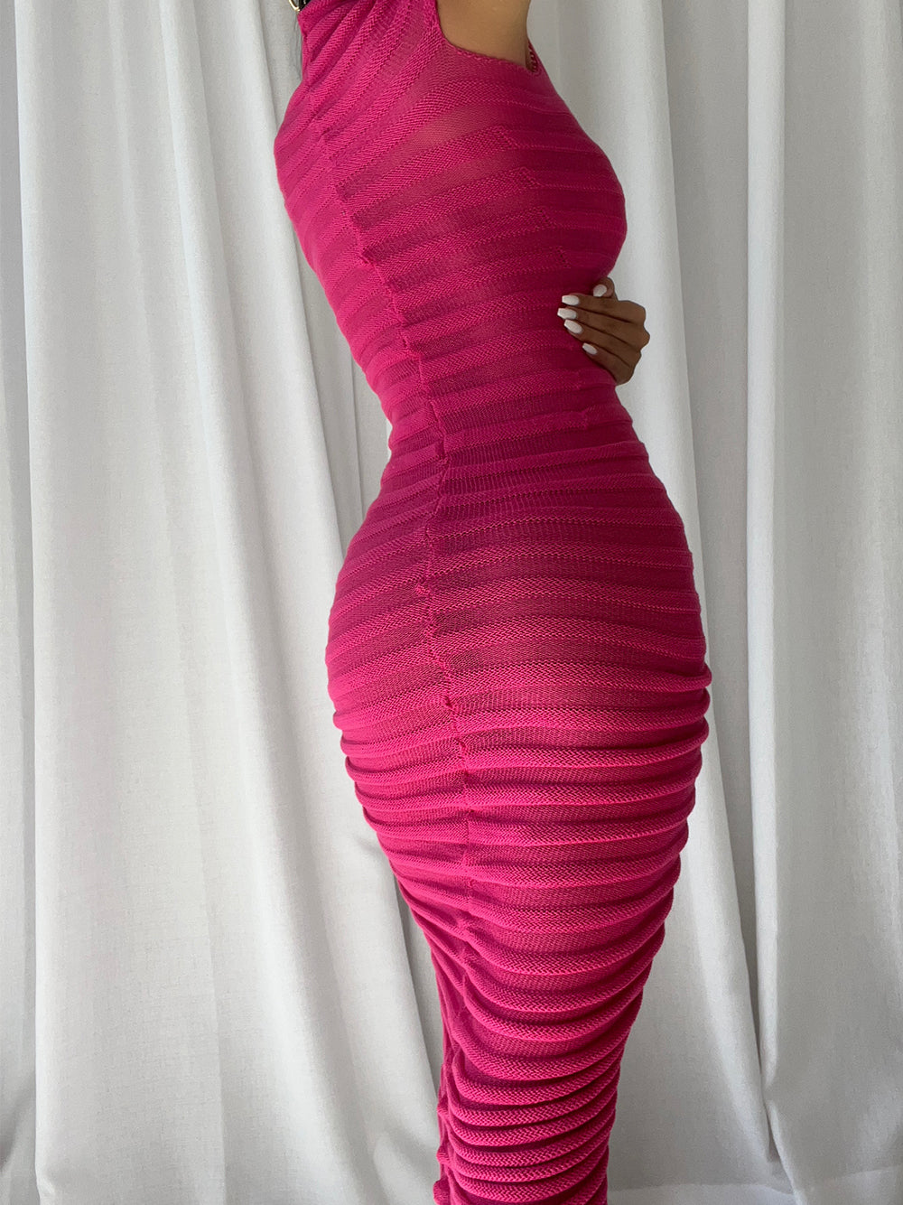 Ribbed Knit Mock Neck Cap Sleeve Bodycon Midi Dress - View 2