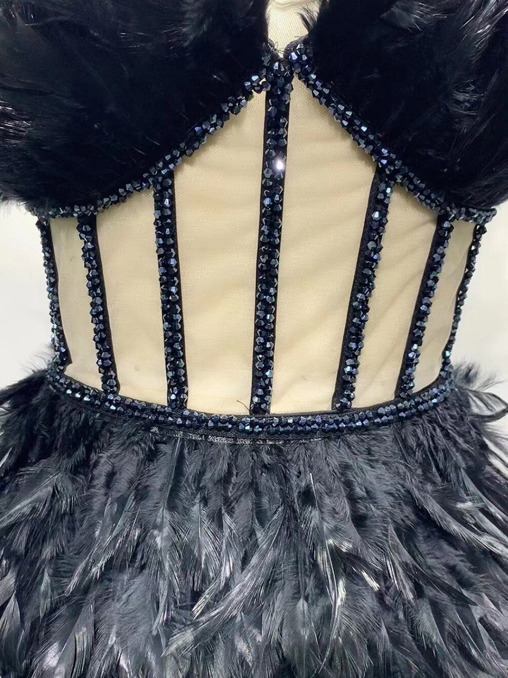 Strapless Feather Sweetheart Corset Bodice Beaded Trim Mini Dress - View 8