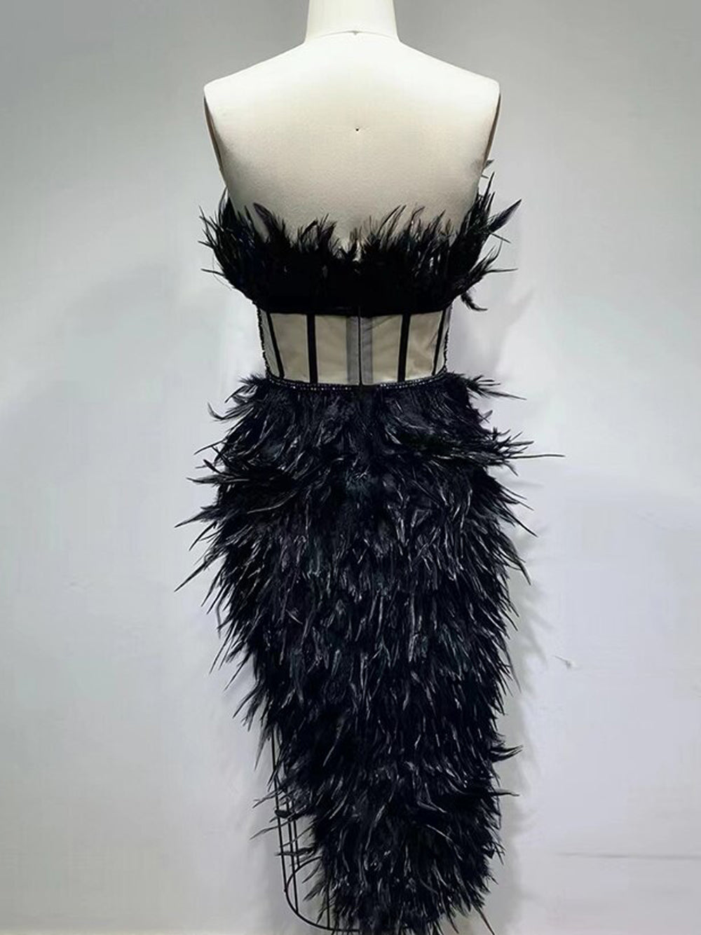 Strapless Feather Sweetheart Corset Bodice Beaded Trim Mini Dress - View 11