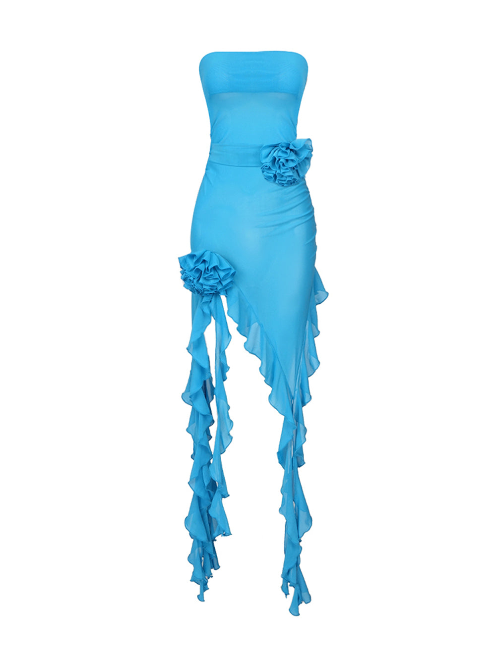Rosette Strapless Asymmetric Ruffle-Hem Dress 8