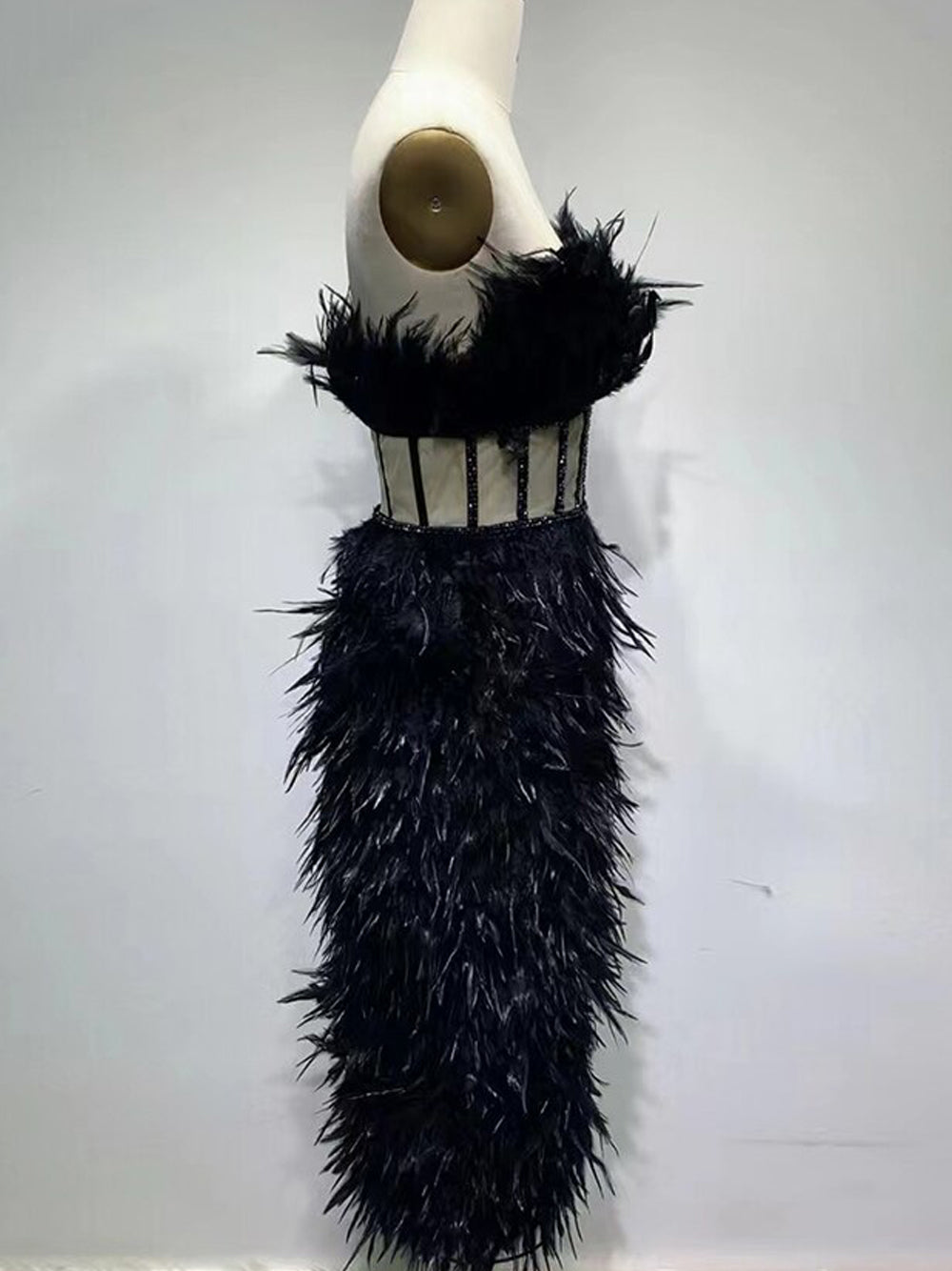 Strapless Feather Sweetheart Corset Bodice Beaded Trim Mini Dress - View 12