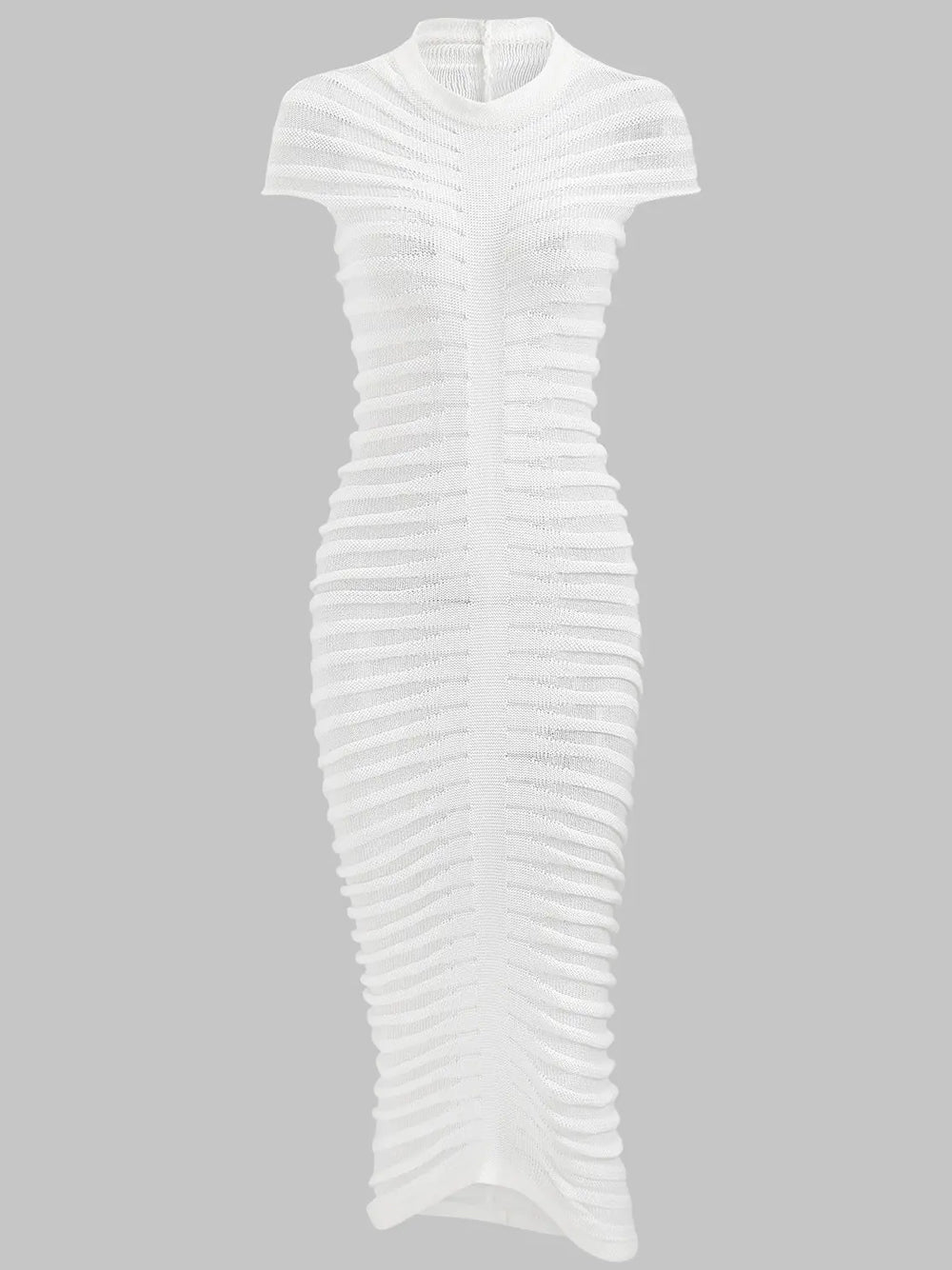 Knit Ribbed Semi Sheer Horizontal Stripe Bodycon Midi Dress - View 8