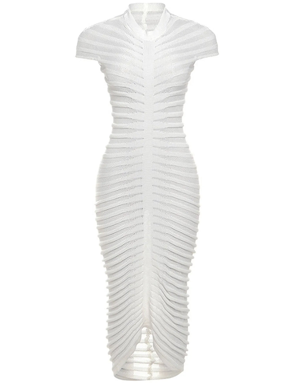 Knit Ribbed Semi Sheer Horizontal Stripe Bodycon Midi Dress - View 5