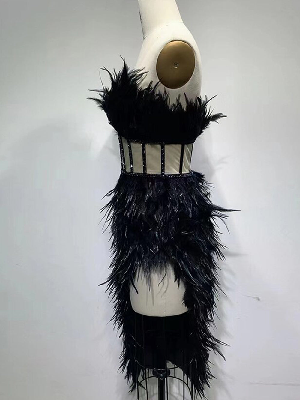 Strapless Feather Sweetheart Corset Bodice Beaded Trim Mini Dress - View 10