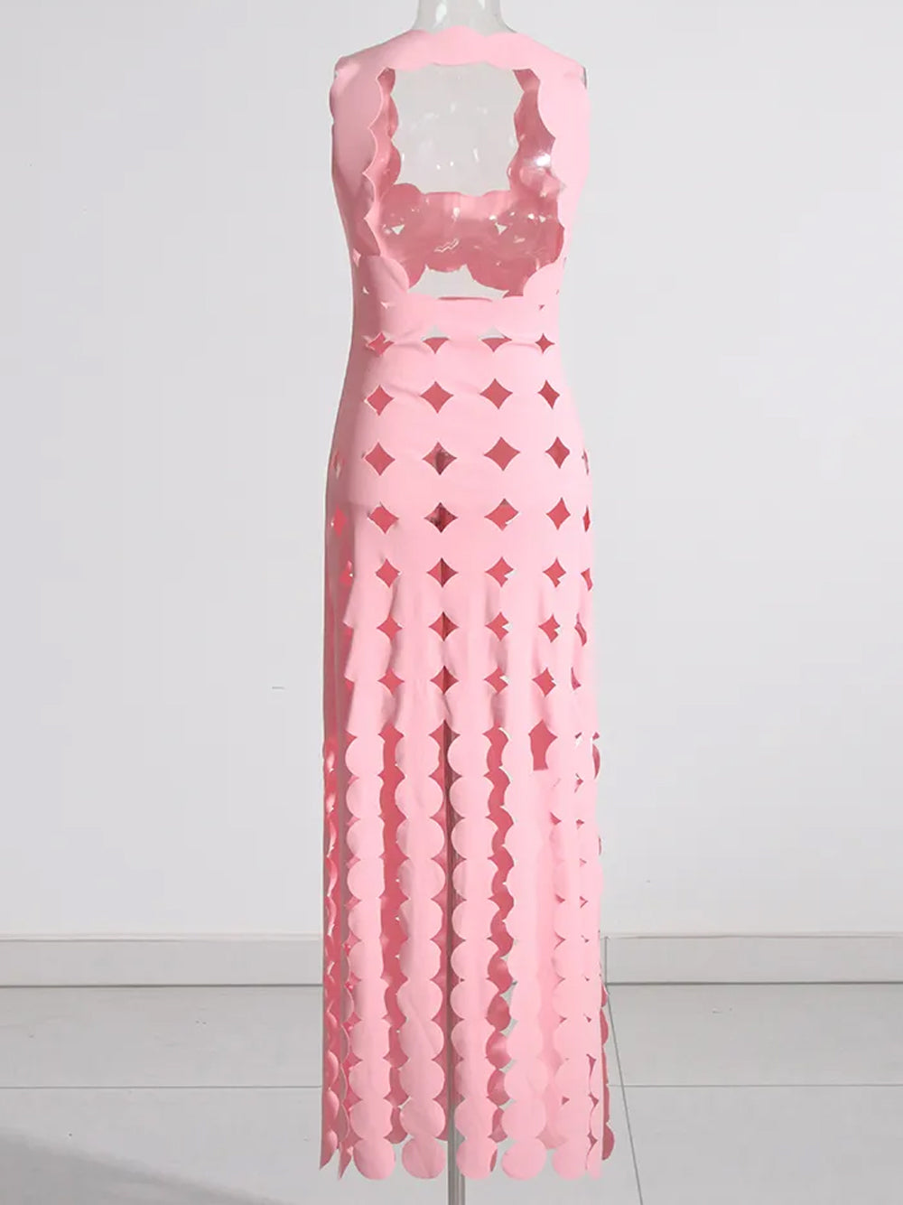 Scalloped Laser-Cut Cutout Fringe-Hem Maxi Dress 7