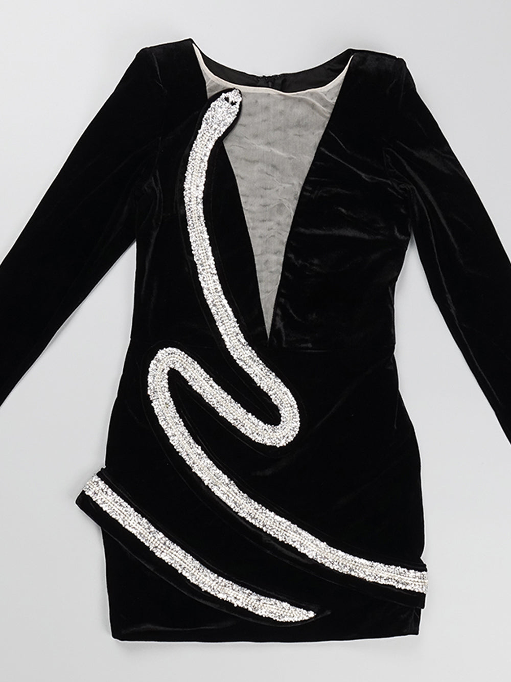 Velvet Deep-V Long-Sleeve Rhinestone Bodycon Mini Dress 10