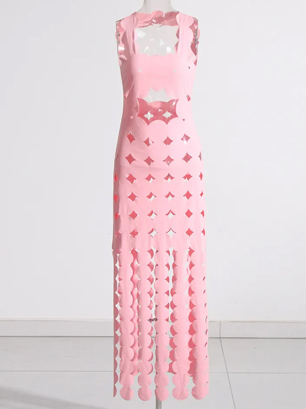 Scalloped Laser-Cut Cutout Fringe-Hem Maxi Dress 6