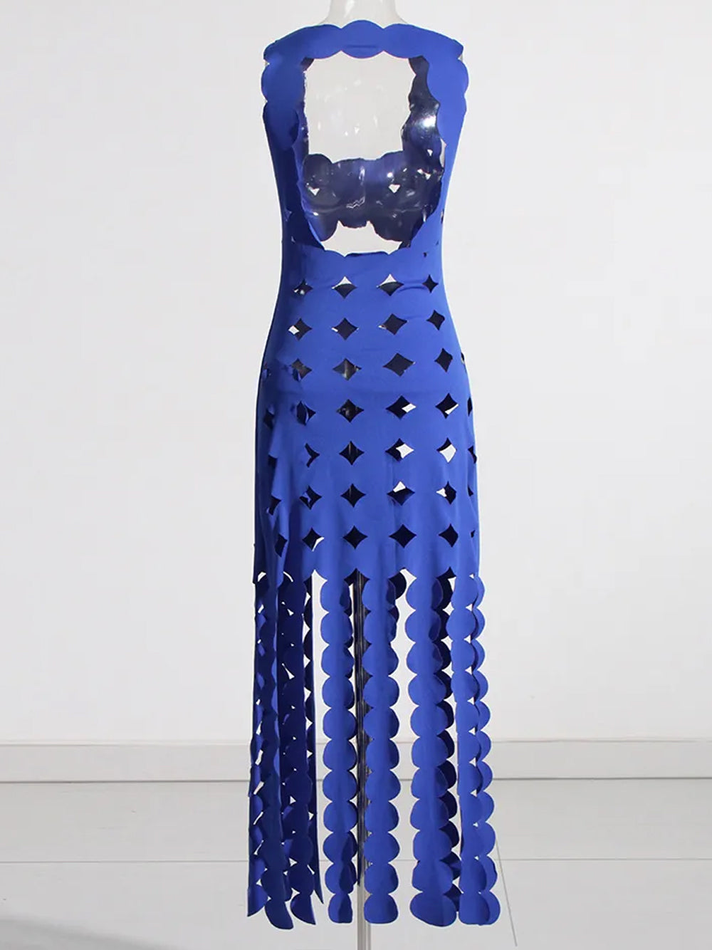 Laser-Cut Disc Cutout Halter Fringe Maxi Dress 7