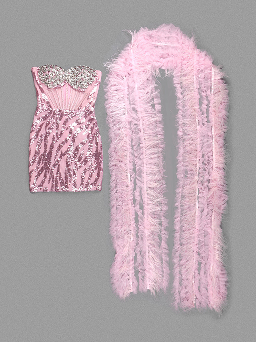 Sequins Mini Dress w Feathers Scarf 3