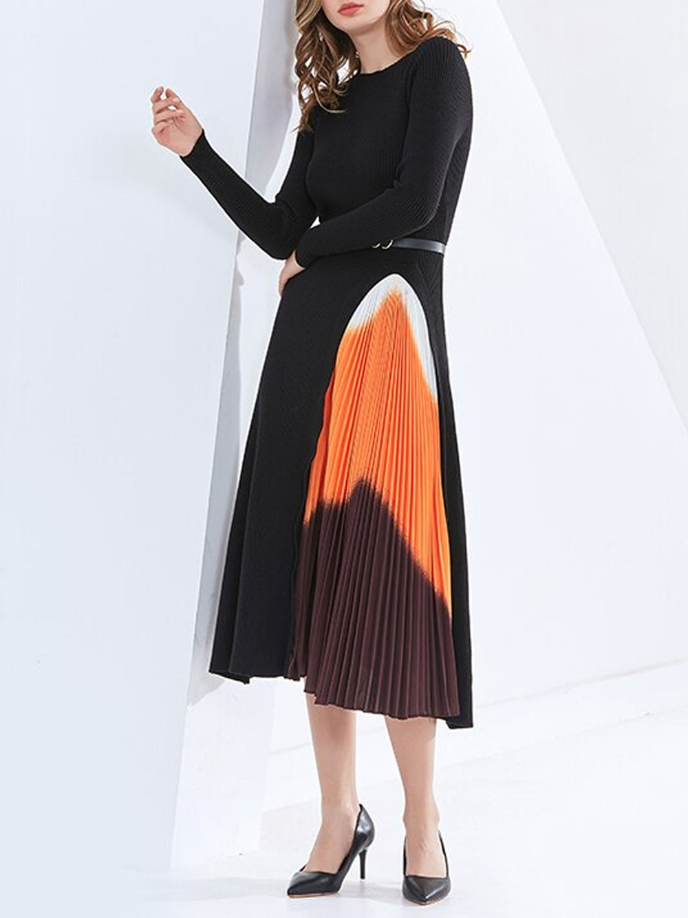 Ribbed-Knit Round-Neck Belted Pleated-Panel Maxi Dress 9