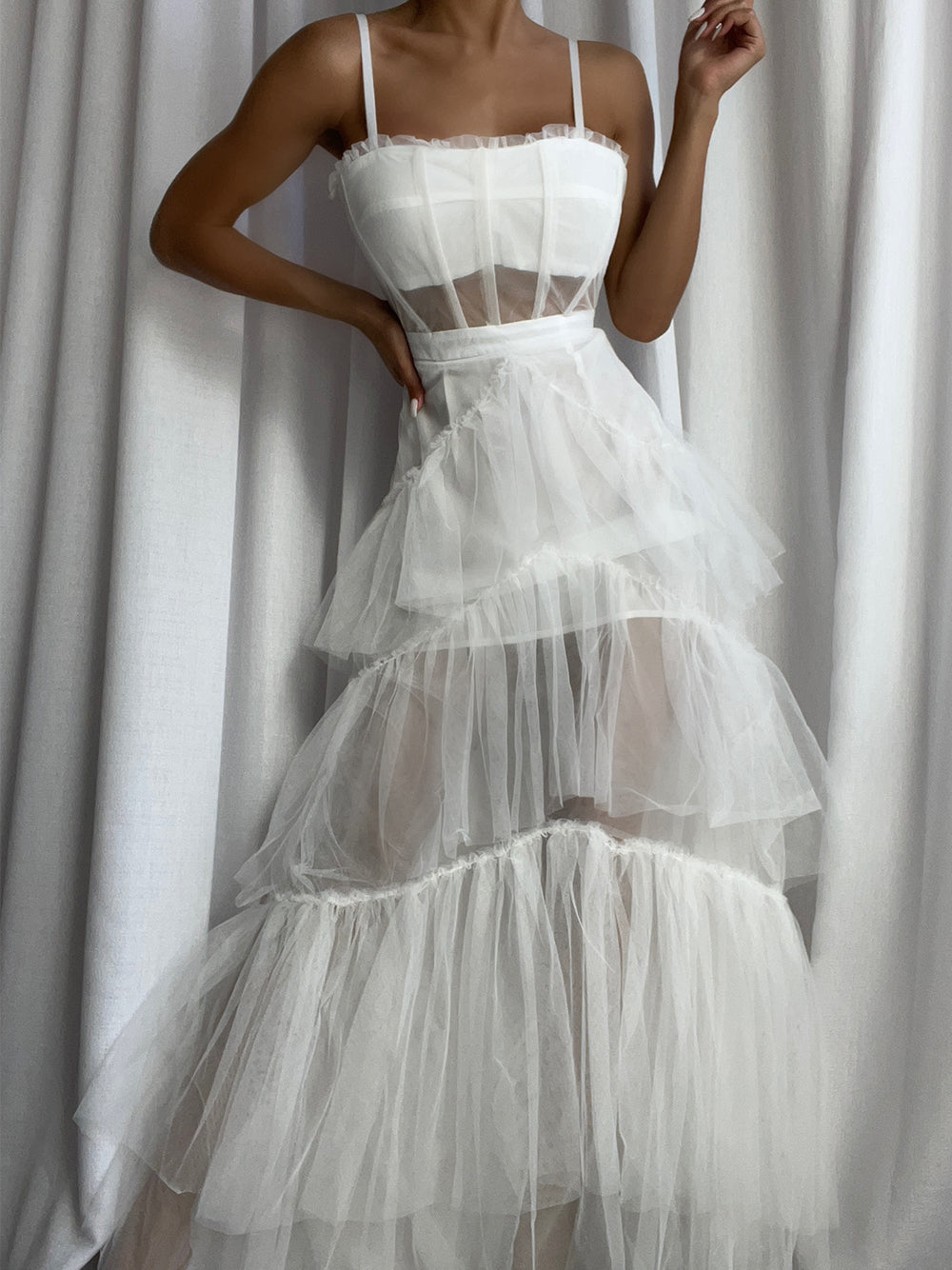 Tulle Corset Bodice Spaghetti Strap Tiered Ruffle Maxi Gown