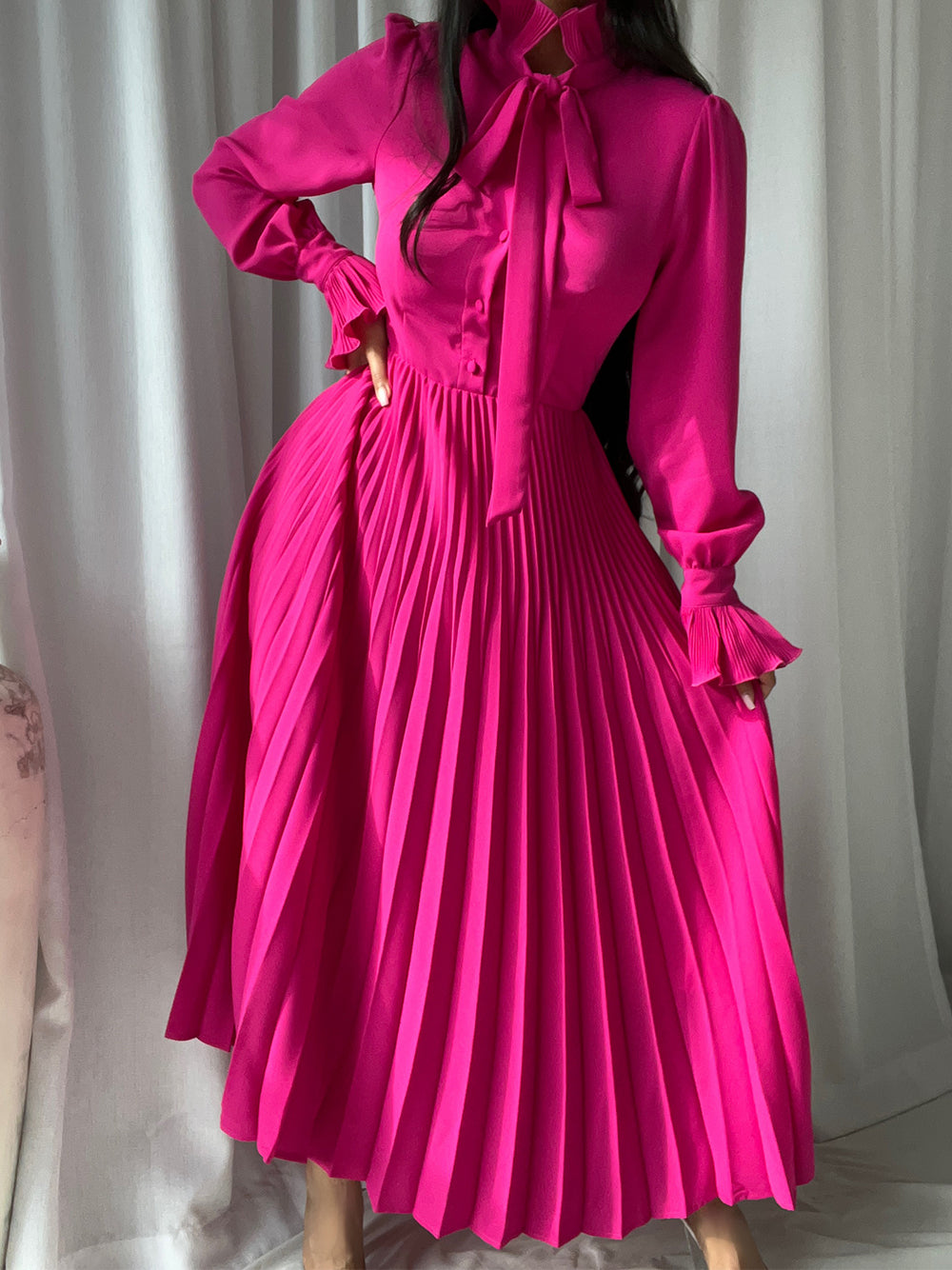 Tie-Neck Bishop-Sleeve Pleated A-Line Midi Dress 3