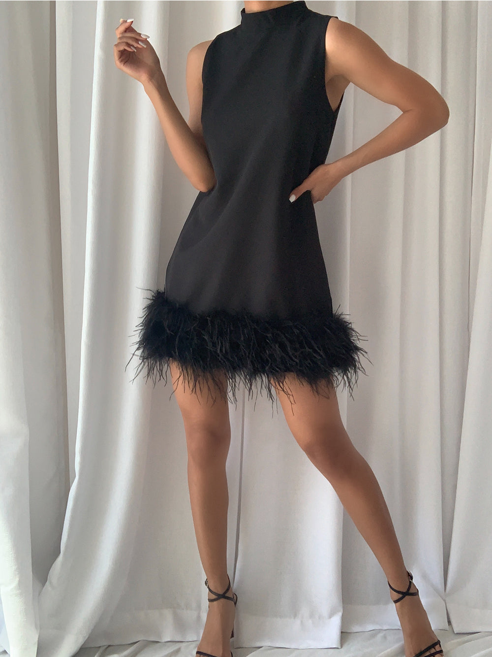 Mock Neck Sleeveless Feather Hem Shift Mini Dress