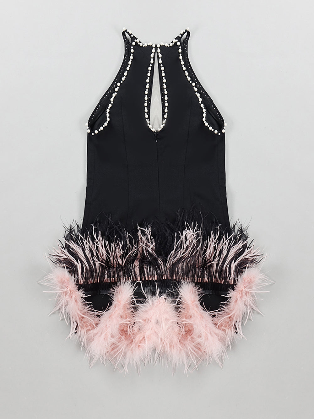 Pearl-Embellished Halter Keyhole Feather-Hem Mini Dress 9