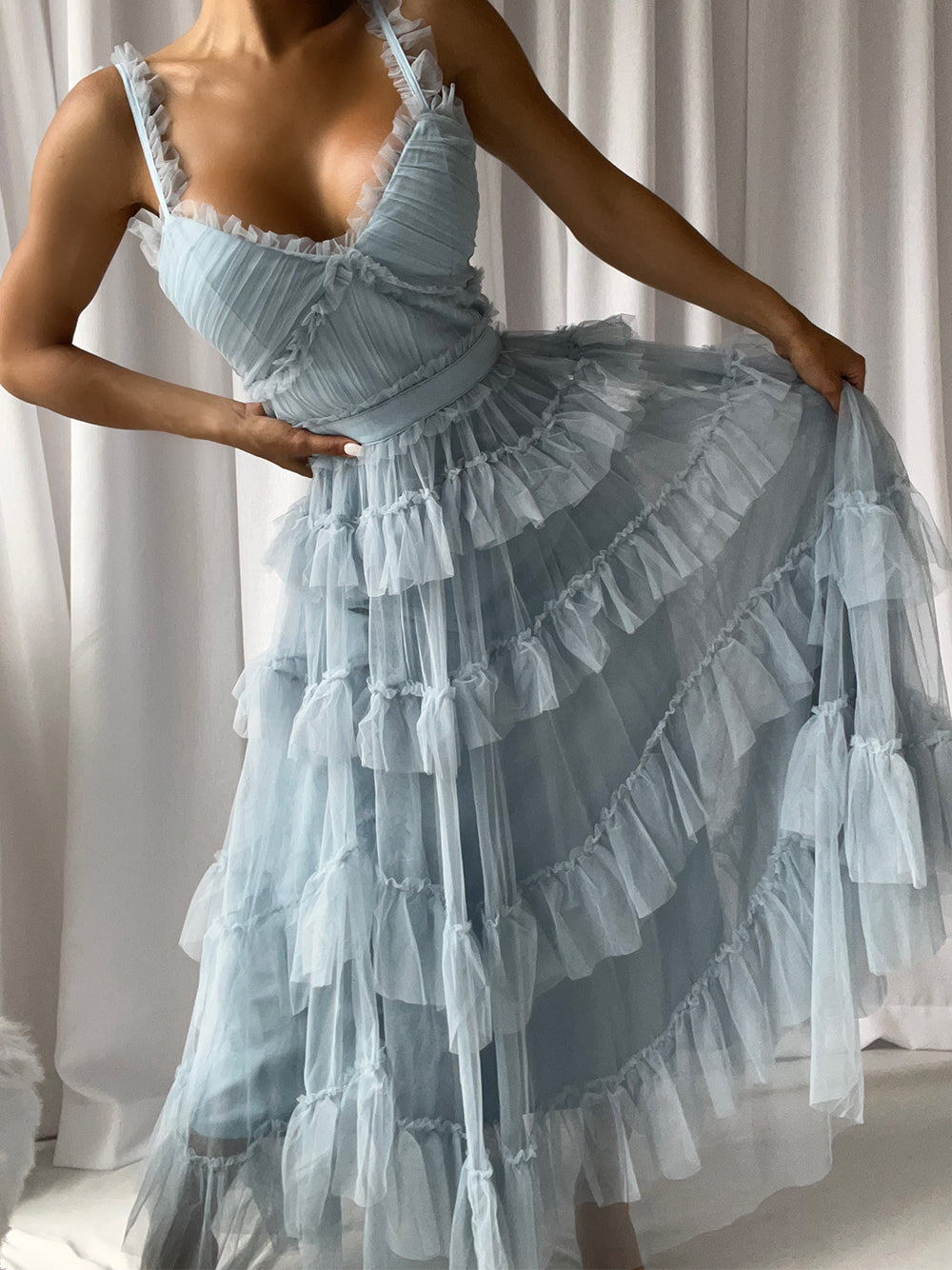 Tulle Sweetheart Strappy Tiered Ruffle Midi Dress 5