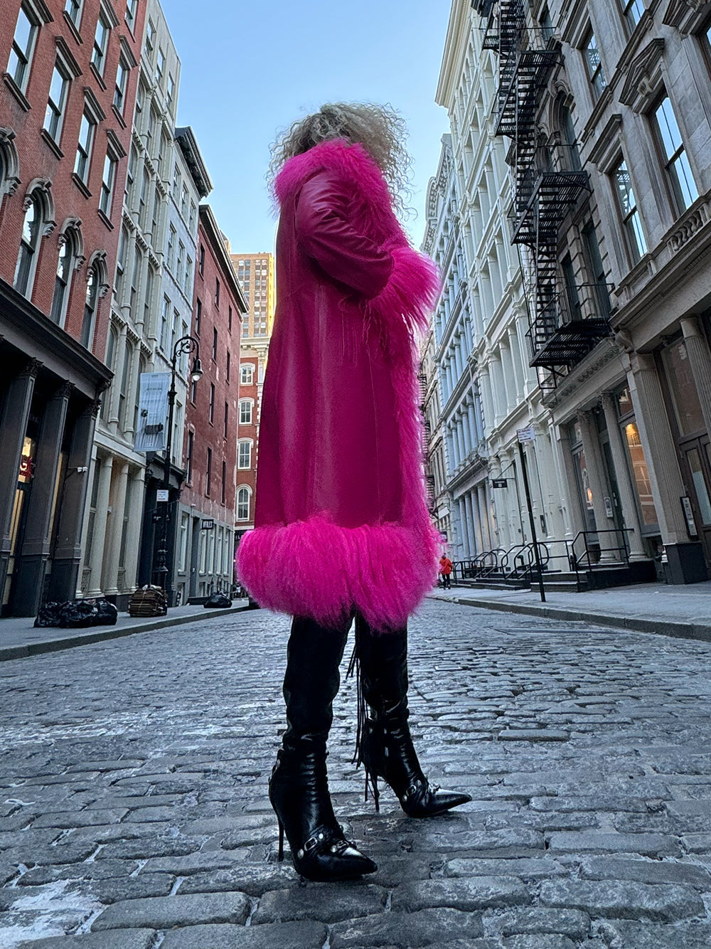 TAJE Shearling Trim Leather Coat in Fuchsia 16