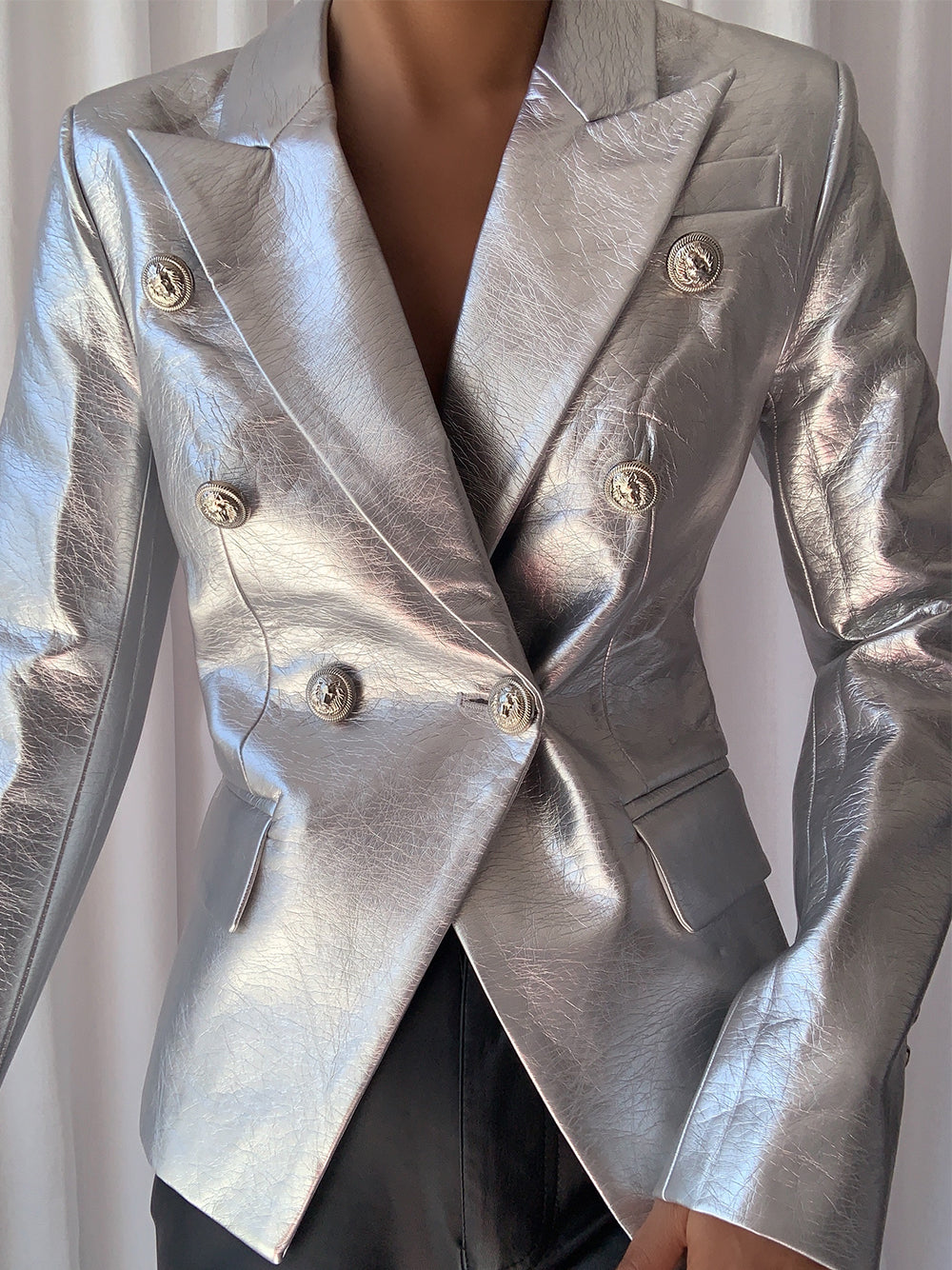Silver Double-breasted Leather Blazer 3