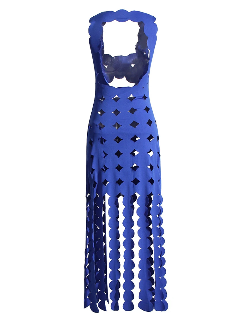 Laser-Cut Disc Cutout Halter Fringe Maxi Dress 5