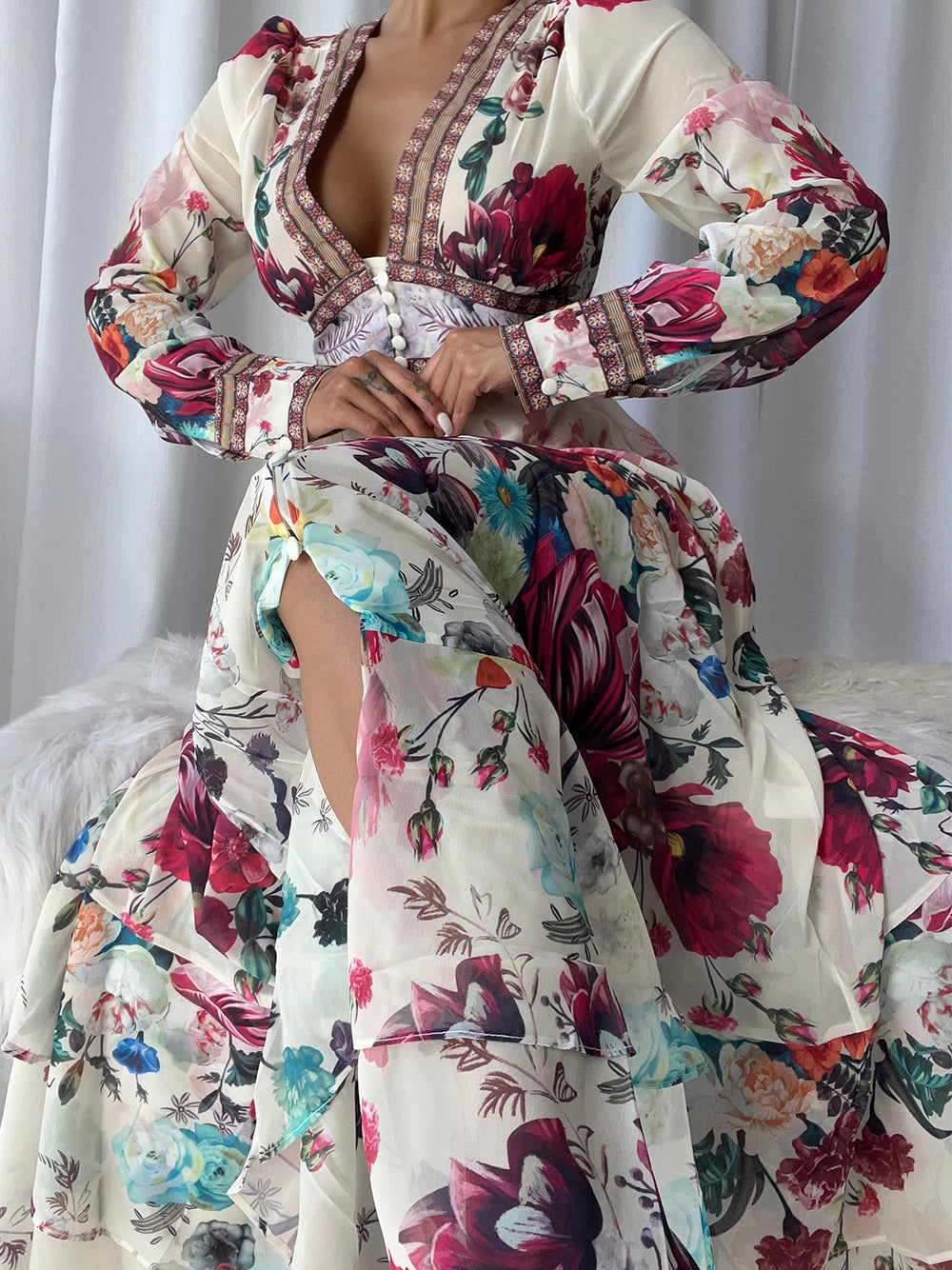Floral Deep-V Bishop-Sleeve Button-Front Tiered Maxi Dress 2