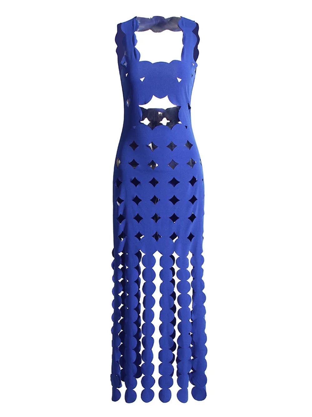 Laser-Cut Disc Cutout Halter Fringe Maxi Dress 4