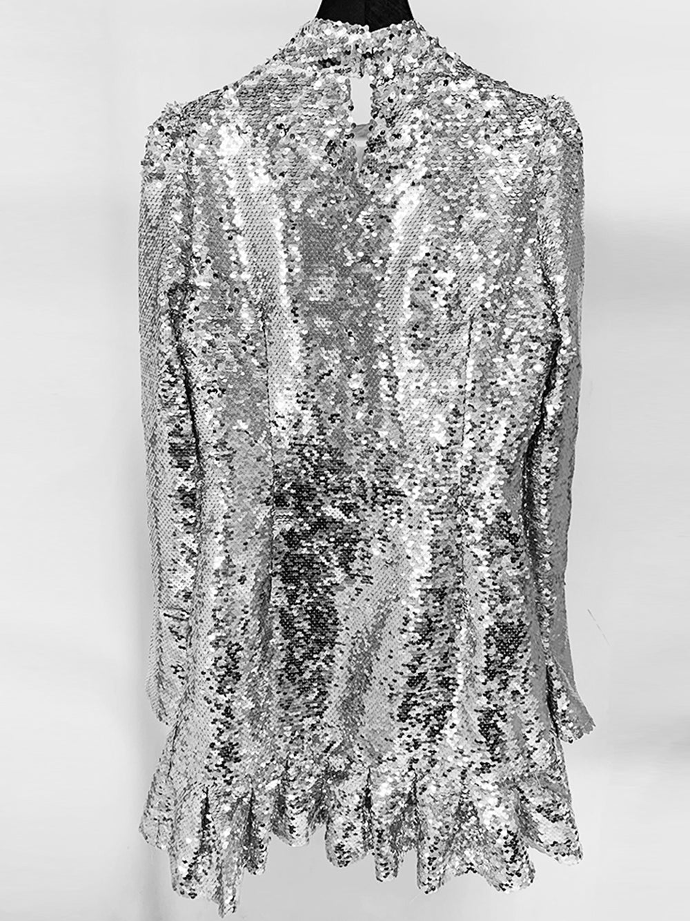 Sequin High Neck Long Sleeve Ruffle Hem Mini Party Dress - View 10