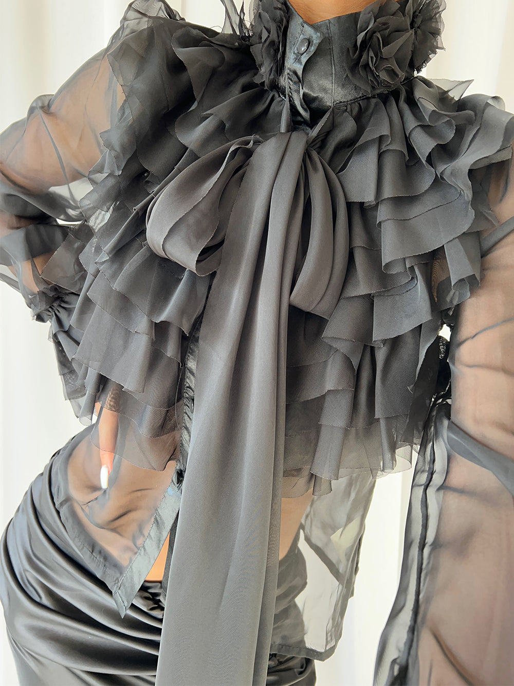 CORAL Bowknot Ruffle Blouse in Black