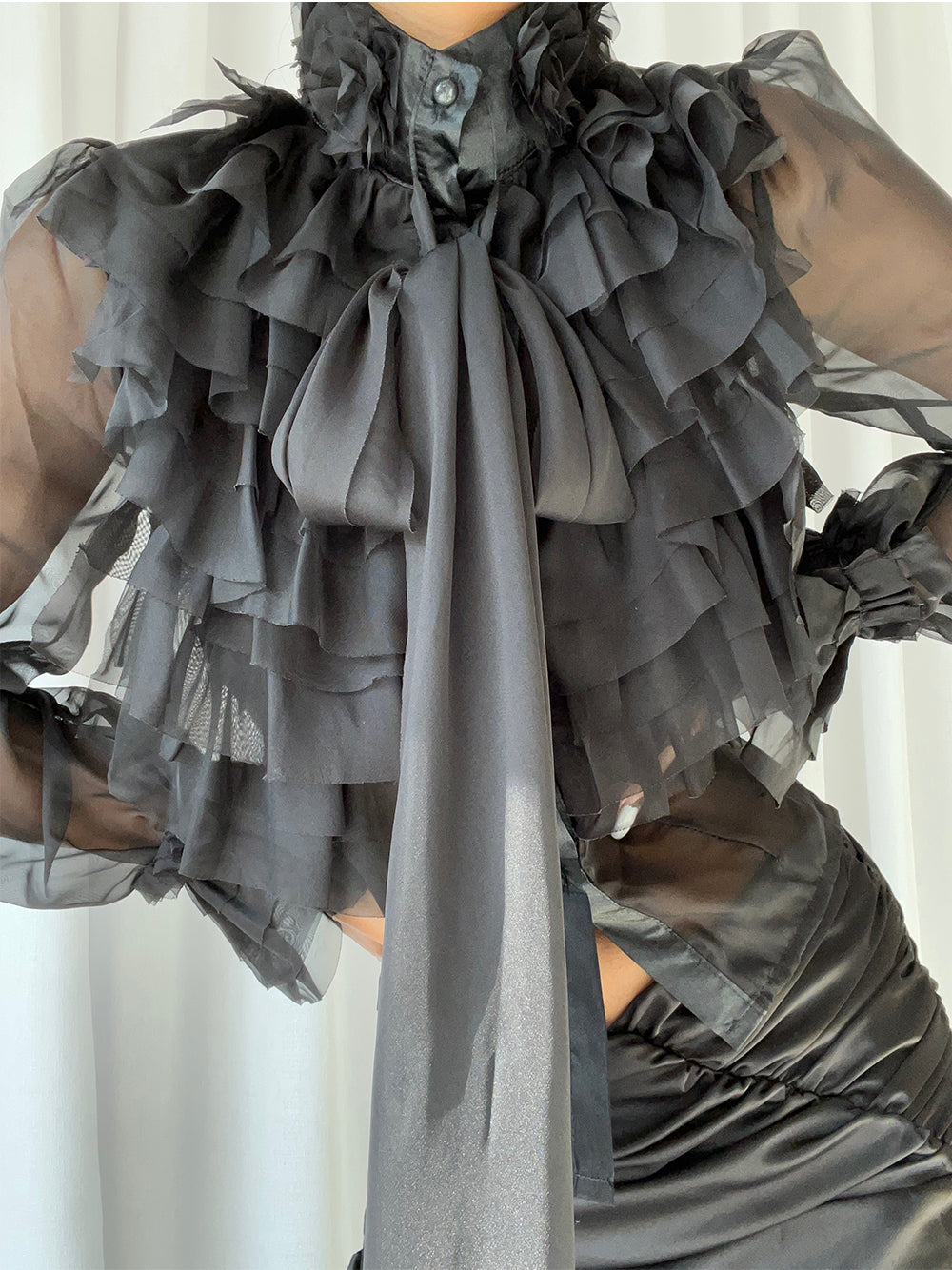 CORAL Bowknot Ruffle Blouse in Black