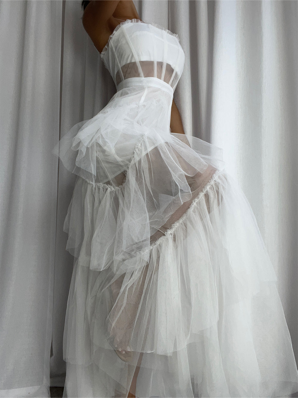 Tulle Corset Bodice Spaghetti Strap Tiered Ruffle Maxi Gown - View 2