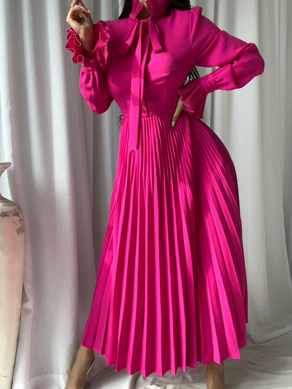 Tie-Neck Bishop-Sleeve Pleated A-Line Midi Dress