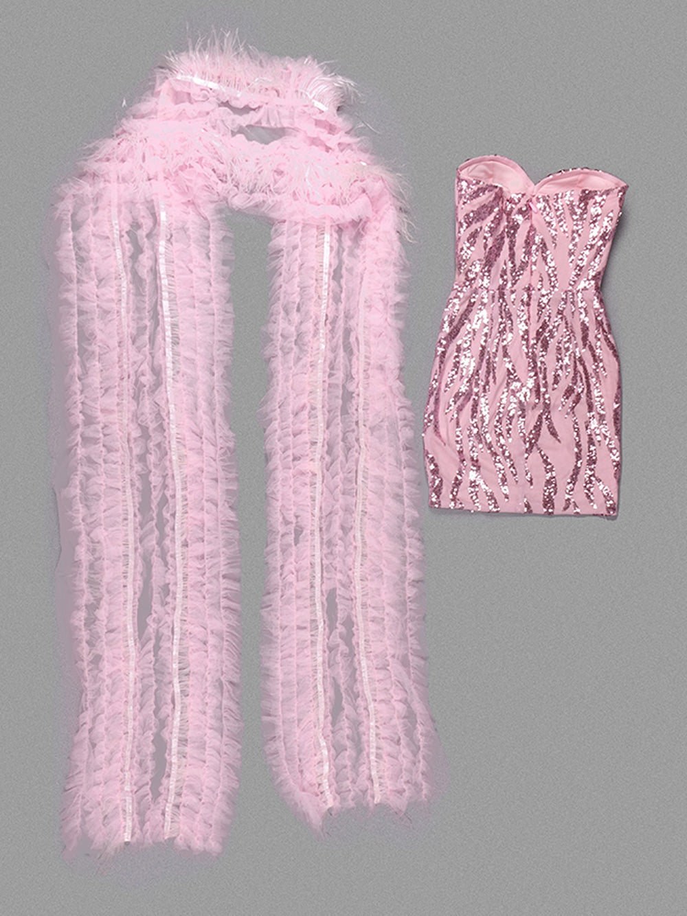 Sequins Mini Dress w Feathers Scarf 4