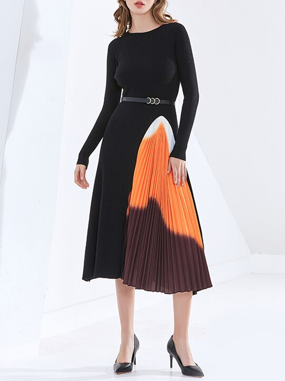 Ribbed-Knit Round-Neck Belted Pleated-Panel Maxi Dress 10
