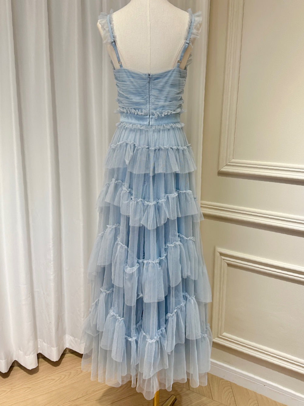 Tulle Sweetheart Strappy Tiered Ruffle Midi Dress 9