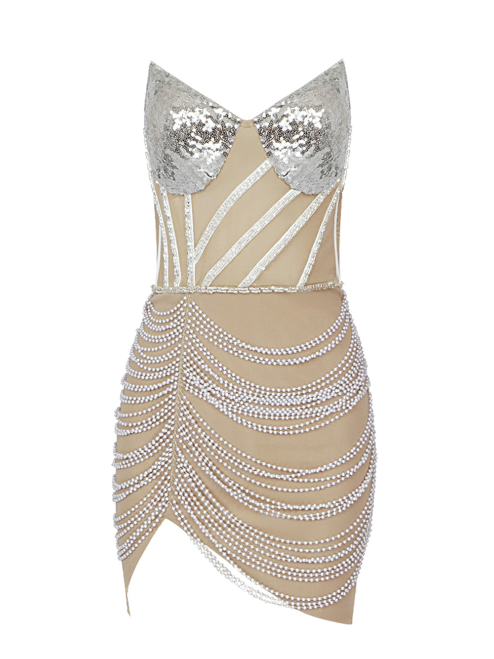 Sequin Strapless Pearl-Embellished Corset Mini Dress