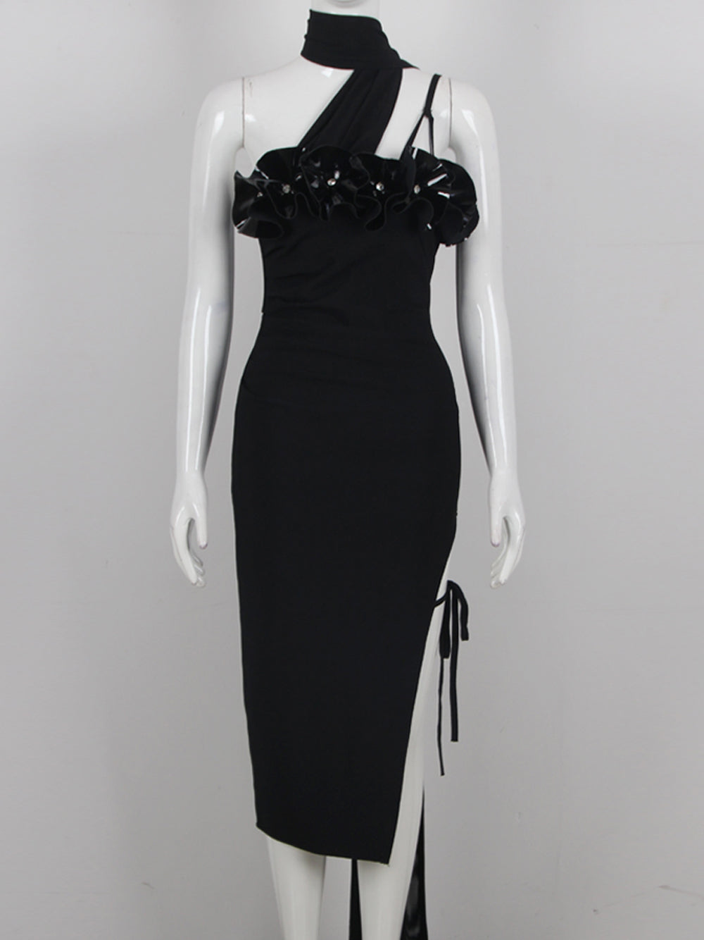 Petal-Trim Off-Shoulder Bodycon Midi Dress with Slit 9