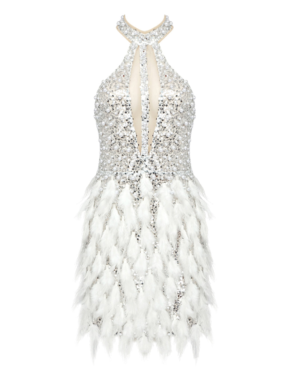 Sequin Halter Neck Plunge Feather Skirt Mini Dress
