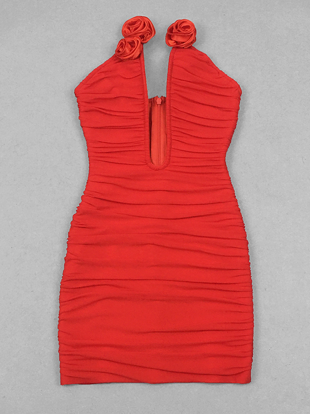 Ruched Halter Plunge Neck Rosette Bodycon Mini Dress 6