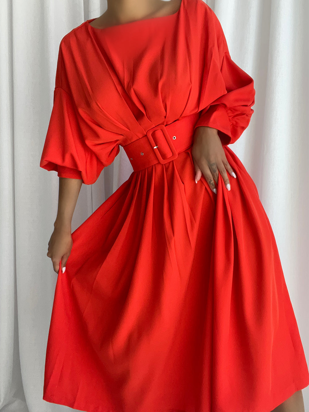 Boat Neck Long Sleeve Belted A-Line Midi Dress 2