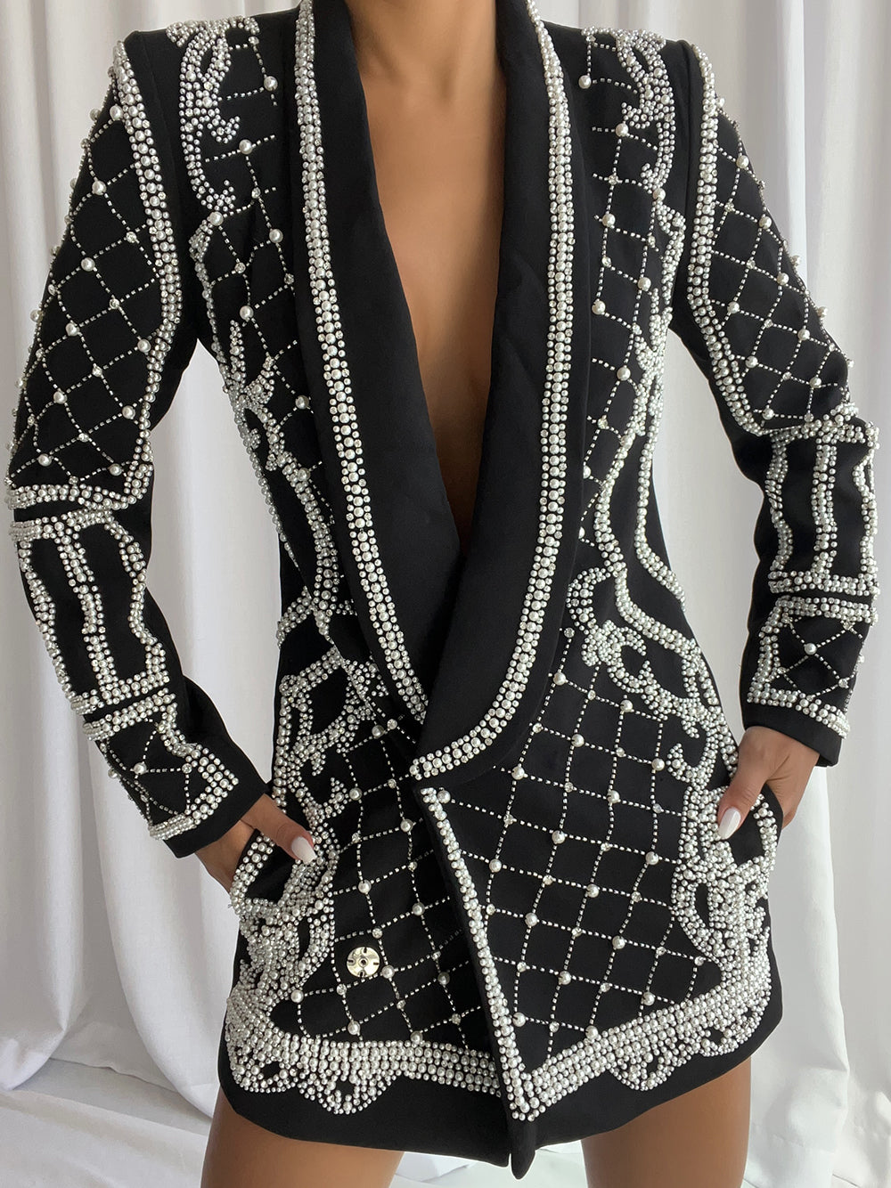 Pearl Beaded Rhinestone Grid Long Sleeve Deep V Blazer Mini Dress