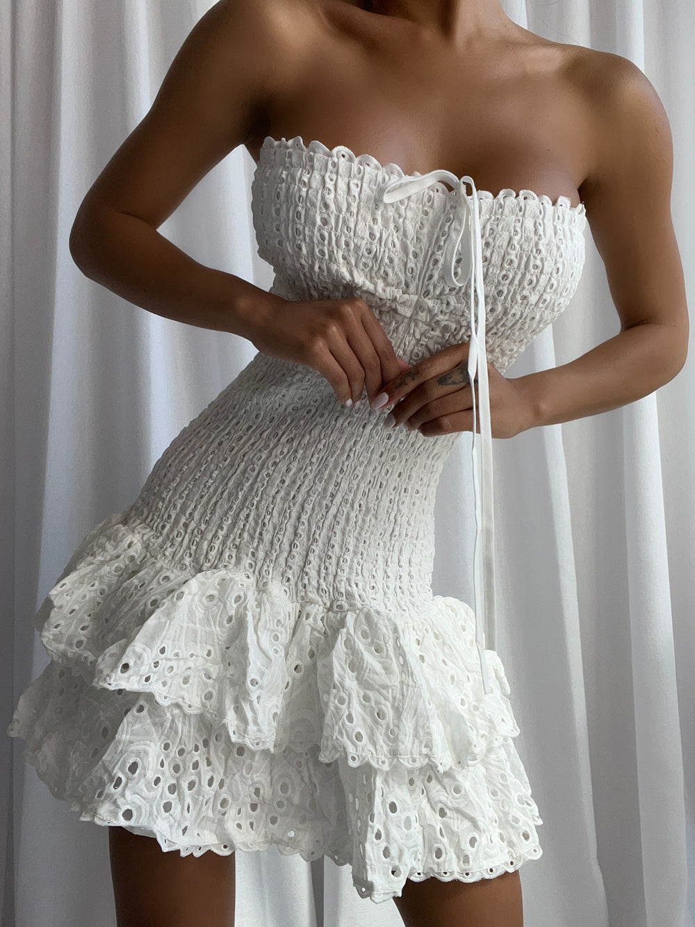 Eyelet Strapless Smocked Tiered Ruffle Mini Dress