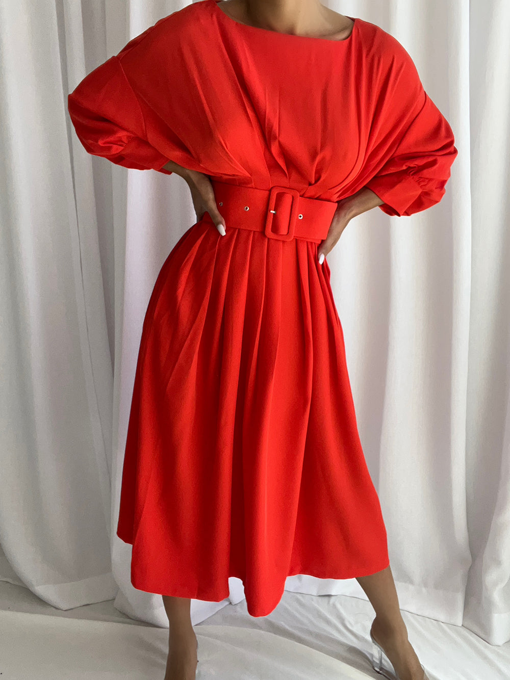 Boat Neck Long Sleeve Belted A-Line Midi Dress 3