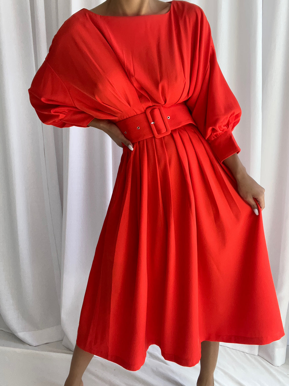 Boat Neck Long Sleeve Belted A-Line Midi Dress