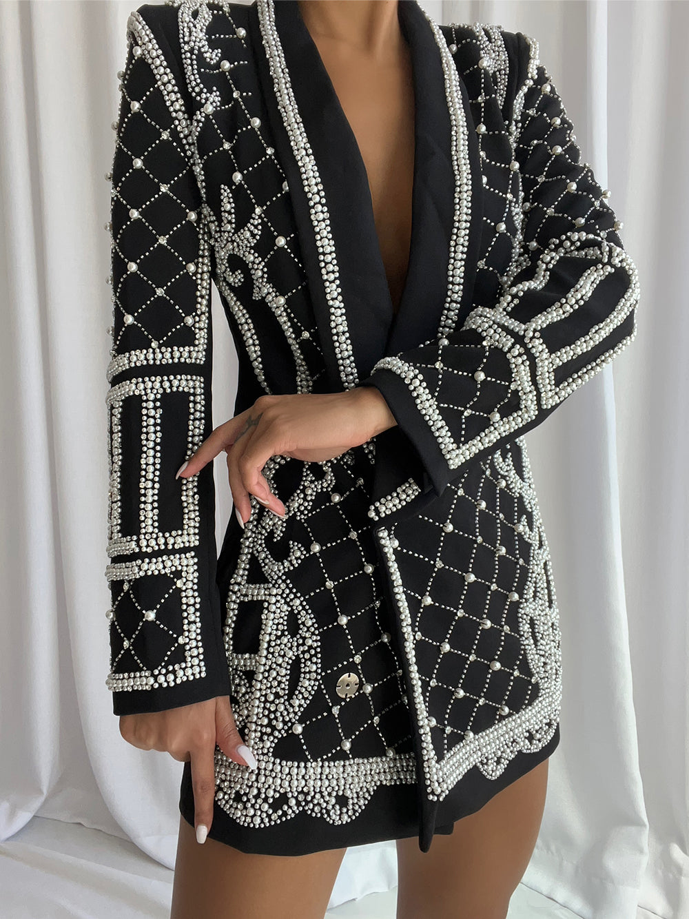NAUTA Pearls Beaded Blazer Dress in Black 3