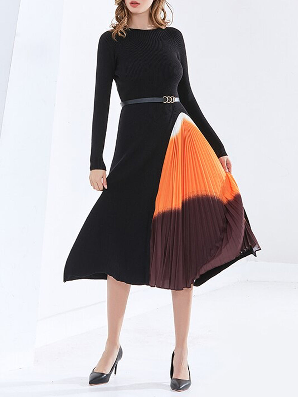 Ribbed-Knit Round-Neck Belted Pleated-Panel Maxi Dress 8