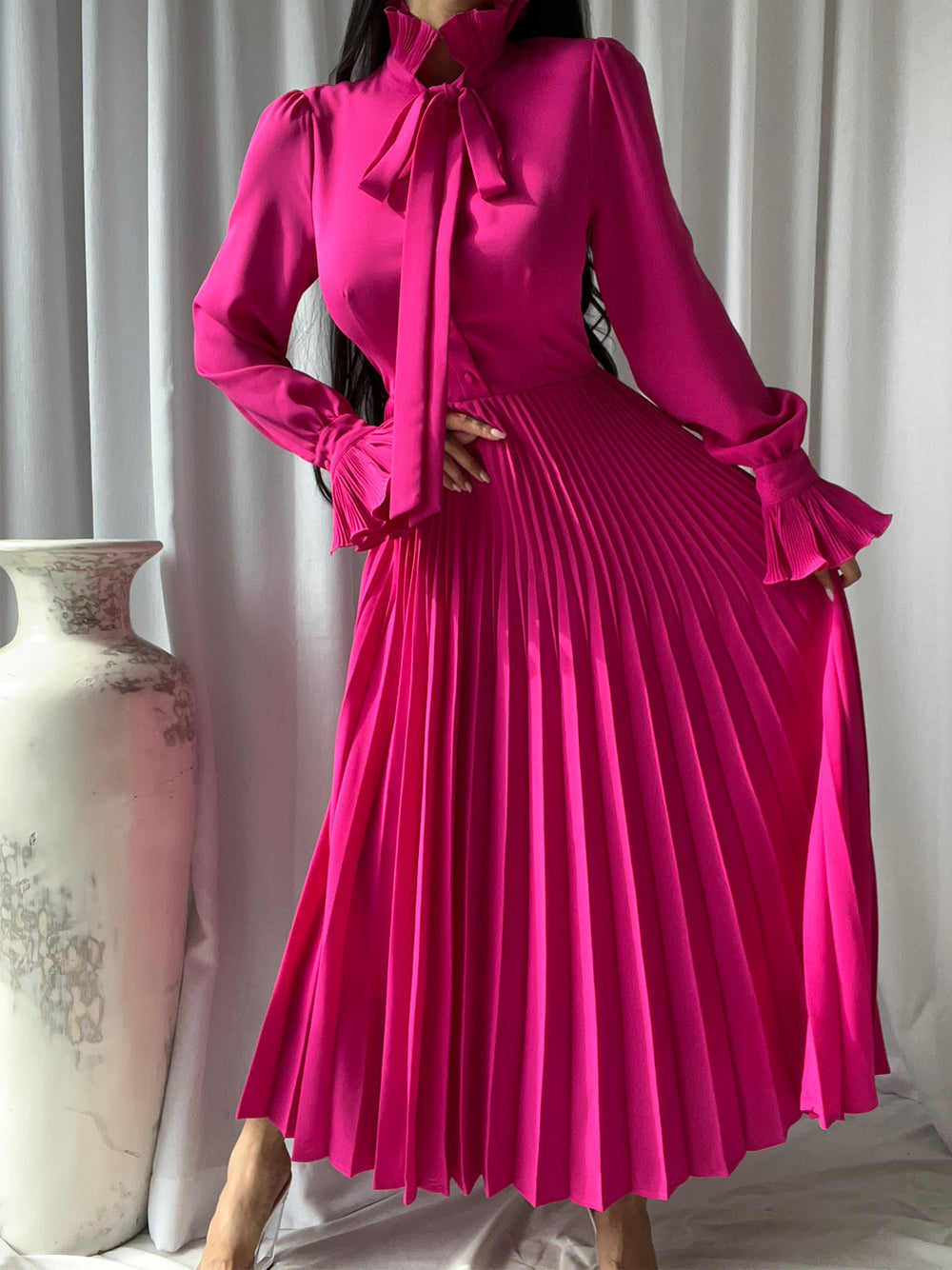 Tie-Neck Bishop-Sleeve Pleated A-Line Midi Dress 2